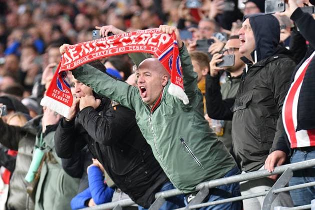 Fans of FK Red Star Belgrade in Leipzig Fan Block RB Leipzig vs FK Red Star Belgrade, Football, Champions League, Preliminary Round, Matchday 3, Season 2023 2024, 25 10 2023 DFB DFL REGULATES PROHIBIT ANY USE OF PHOTOGRAPHS AS IMAGE SEQUENCES AND OR QUASI VIDEO RB Leipzig vs FK Red Star Belgrade, Football, Champions League, Preliminary Round, Matchday 3, Season 2023 2024, 25 10 2023 Leipzig Copyright: xEibner-Pressefoto BertxHarzerx EP_BHR