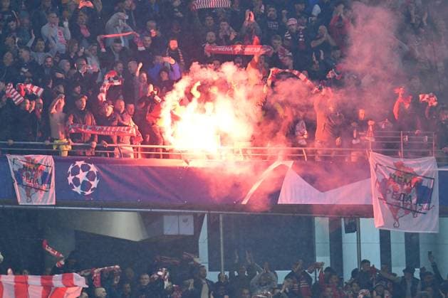 Bengal fire, Bengalos of FK Red Star Belgrade fans RB Leipzig vs FK Red Star Belgrade, Football, Champions League, Preliminary Round, Matchday 3, Season 2023 2024, 25 10 2023 DFB DFL REGULATES PROHIBIT ANY USE OF PHOTOGRAPHS AS IMAGE SEQUENCES AND OR QUASI VIDEO RB Leipzig vs FK Red Star Belgrade, Football, Champions League, Preliminary Round, Matchday 3, Season 2023 2024, 25 10 2023 Leipzig. Copyright: xEibner-Pressefoto BertxHarzerx EP_BHR