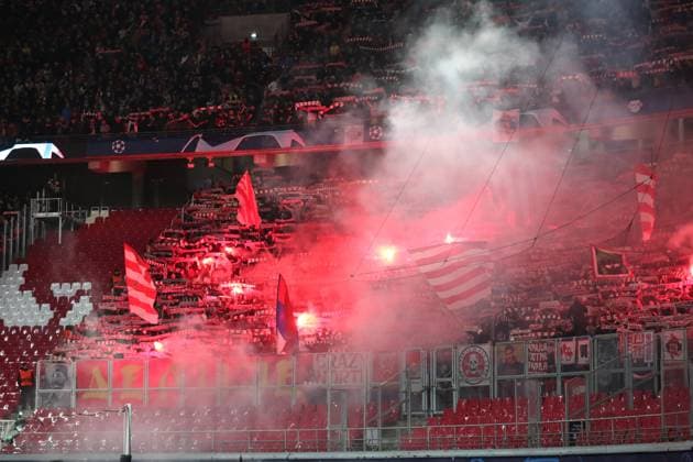Champions League RB Leipzig vs Red Star Belgrade, 25 10 23 Pyro in the fan block of Belgrade, Ultras football, UEFA Champions League, season 2023 2024 RB Leipzig vs Red Star Belgrade on 25 10 23 in the Red Bull Arena, Leipzig Copyright: xBEAUTIFULxSPORTS JanxKaeferx