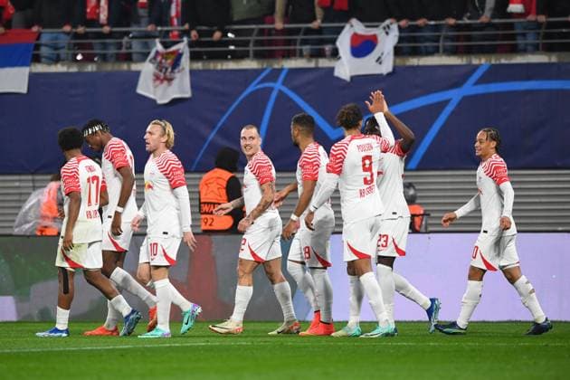 Football, Men, 2023 2024 season, UEFA Champions League Group G, Matchday 3 , RB Leipzig FK Red Star Belgrade, f l Lois Openda RB Leipzig , Mohamed Simakan RB Leipzig , Emil Forsberg RB Leipzig , David Raum RB Leipzig , Benjamin Henrichs RB Leipzig , Yussuf Poulsen RB Leipzig , Castello Lukeba RB Leipzig and Xavi Simons RB Leipzig goal celebration, cheer after David Raum RB Leipzig scored the 1 0 goal , 25 10 2023, Copyright: xSebastianxRäppold MatthiasxKochx