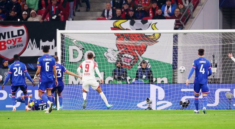 RB Leipzig Red Star Belgrade Champions League Leipzig, 25 10 2023, Red Bull Arena, Football , UEFA Champions League, Group G , Matchday 3, RB Leipzig vs Red Star Belgrade , In picture Goal for RB Leipzig David Raum 22, RB Leipzig scores 1 0 , Photo intended for editorial use only , UEFA regulations prohibit any use of photographs as image sequences and or quasi video ,