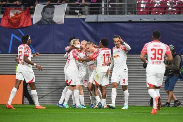 Football, Men, 2023 2024 season, UEFA Champions League Group G, Matchday 3 , RB Leipzig FK Red Star Belgrade, v l David Raum RB Leipzig goal celebration, cheers after scoring 1 0, 25 10 2023, Copyright: xSebastianxRäppold MatthiasxKochx