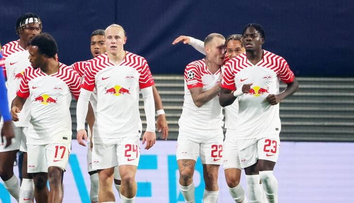 RB Leipzig Red Star Belgrade Champions League Leipzig, 25 10 2023, Red Bull Arena, Football , UEFA Champions League, Group G , Matchday 3, RB Leipzig vs Red Star Belgrade , In picture Goal for RB Leipzig David Raum 22, RB Leipzig scores 1 0 and cheers , Photo intended for editorial use only , UEFA regulations prohibit any use of photographs as image sequences and or quasi video ,