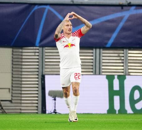 RB Leipzig Red Star Belgrade Champions League Leipzig, 25 10 2023, Red Bull Arena, Football , UEFA Champions League, Group G , Matchday 3, RB Leipzig vs Red Star Belgrade , In picture Goal for RB Leipzig David Raum 22, RB Leipzig scores 1 0 and cheers , Photo intended for editorial use only , UEFA regulations prohibit any use of photographs as image sequences and or quasi video ,