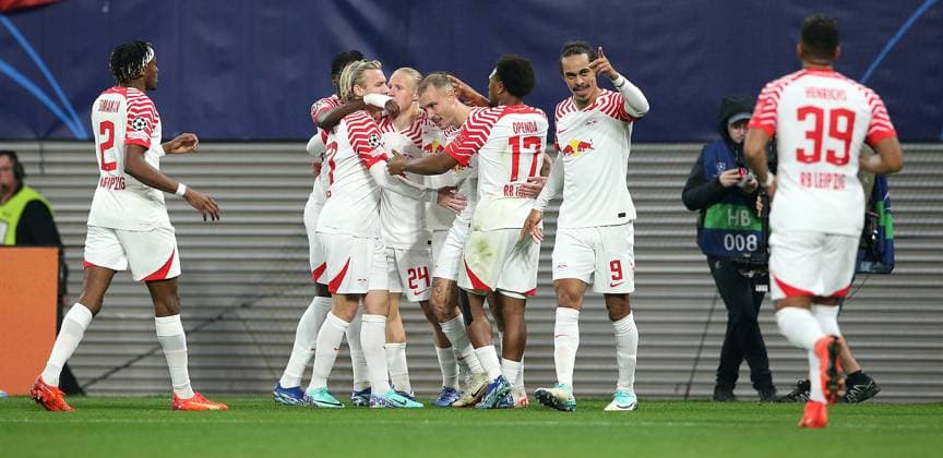 25 10 2023, Football UEFA Champions League 2023 2024, Group G, Matchday 3, RB Leipzig FK Red Star Belgrade, at Red Bull Arena Leipzig Cheering RB Leipzig to score 1 0 DFL and DFB regulations prohibit any use of photographs as image sequences and or quasi video