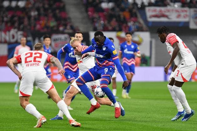 Cherif Ndiaye Red Star Belgrade center, Xaver Schlager RB Leipzig 2 v left , David Raum RB Leipzig left and Castello Lukeba RB Leipzig right RB Leipzig vs FK Red Star Belgrade, Football, Champions League, Preliminary Round, Matchday 3, Season 2023 2024, 25 10 2023 DFB DFL REGULATES PROHIBIT ANY USE OF PHOTOGRAPHS AS IMAGE SEQUENCES AND OR QUASI VIDEO RB Leipzig vs FK Red Star Belgrade, Football, Champions League, Preliminary Round, Matchday 3, Season 2023 2024, 25 10 2023 Leipzig Copyright: xEibner-Pressefoto BertxHarzerx EP_BHR