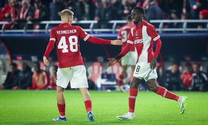 Antwerp s Alhassan Yusuf Abdullahi celebrates after scoring during a soccer game between Belgian Royal Antwerp FC and Portuguese FC Porto, Wednesday 25 October 2023 in Antwerp, on day three of the Champions League group stage, in the group H. VIRGINIExLEFOUR  x78524982x
