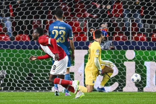 Antwerp s Alhassan Yusuf Abdullahi celebrates after scoring during a soccer game between Belgian Royal Antwerp FC and Portuguese FC Porto, Wednesday 25 October 2023 in Antwerp, on day three of the Champions League group stage, in the group H. TOM GOYVAERTS TomxGoyvaerts  x78525013x