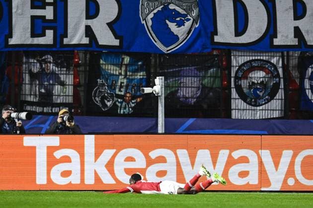Antwerp s Alhassan Yusuf Abdullahi celebrates after scoring during a soccer game between Belgian Royal Antwerp FC and Portuguese FC Porto, Wednesday 25 October 2023 in Antwerp, on day three of the Champions League group stage, in the group H. TOM GOYVAERTS TomxGoyvaerts  x78525187x