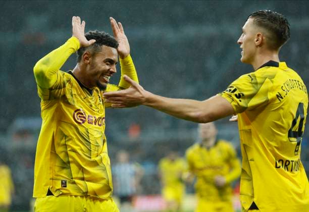 Newcastle United FC v Borussia Dortmund: Group F - UEFA Champions League 2023 24 Felix Nmecha of Borussia Dortmund and Nico Schlotterbeck of Borussia Dortmund celebrates 1st goal during the UEFA Champions League match between Newcastle United FC and Borussia Dortmund at St. James Park on October 25, 2023 in Newcastle Upon Tyne, England. Newcastle St. James Park England United Kingdom Copyright: xRichardxSellers Sportsphoto APLx 13958503