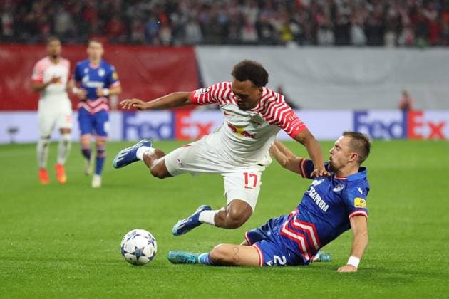 Champions League RB Leipzig vs Red Star Belgrade, 25 10 23 Lois Openda 17, RB Leipzig vs Milan Rodic 23, Red Star Belgrade football, UEFA Champions League, season 2023 2024 RB Leipzig vs Red Star Belgrade on 25 10 23 at the Red Bull Arena, Leipzig Copyright: xBEAUTIFULxSPORTS JanxKaeferx