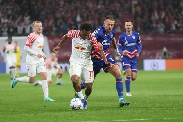 Champions League RB Leipzig vs Red Star Belgrade, 25 10 23 Lois Openda 17, RB Leipzig vs Milan Rodic 23, Red Star Belgrade football, UEFA Champions League, season 2023 2024 RB Leipzig vs Red Star Belgrade on 25 10 23 at the Red Bull Arena, Leipzig Copyright: xBEAUTIFULxSPORTS JanxKaeferx
