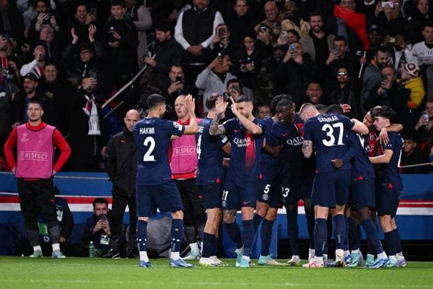 Joie des joueurs du PSG apres le but de Kylian Mbappe ( 7 - PSG ) - FOOTBALL : Paris Saint Germain vs Milan - Ligue des Champions - 25 10 2023 FedericoPestellini Panoramic 