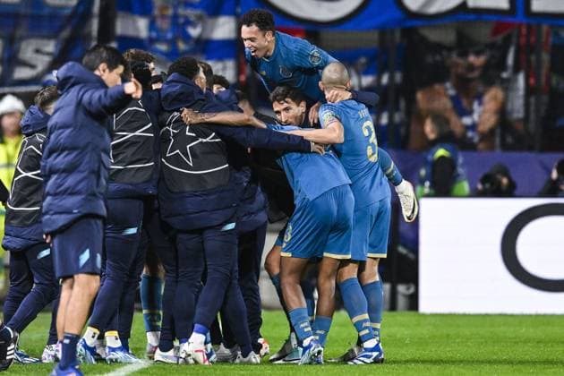 Porto s Stephen Eustaquio scores a goal during a soccer game between Belgian Royal Antwerp FC and Portuguese FC Porto, Wednesday 25 October 2023 in Antwerp, on day three of the Champions League group stage, in the group H. TOM GOYVAERTS TomxGoyvaerts  x78528013x