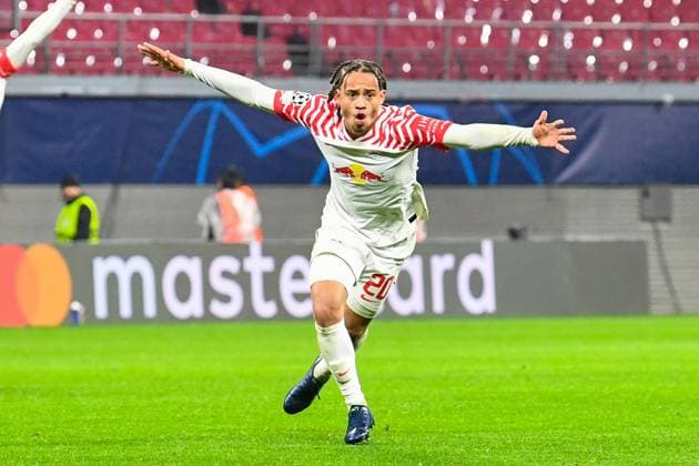 Football, Men, 2023 2024 season, UEFA Champions League Group G, Matchday 3 , RB Leipzig FK Red Star Belgrade, v l Xavi Simons RB Leipzig goal celebration, cheers after scoring 2 0, 25 10 2023, Copyright: xSebastianxRäppold MatthiasxKochx