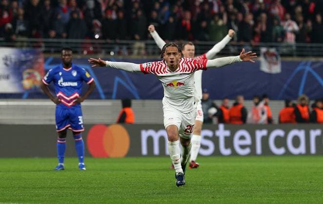 25 10 2023, Football UEFA Champions League 2023 2024, Group G, Matchday 3, RB Leipzig FK Red Star Belgrade, at Red Bull Arena Leipzig Cheering goal scorer Xavi Simons RB Leipzig to score 2 0 DFL and DFB regulations prohibit any use of photographs as image sequences and or quasi video