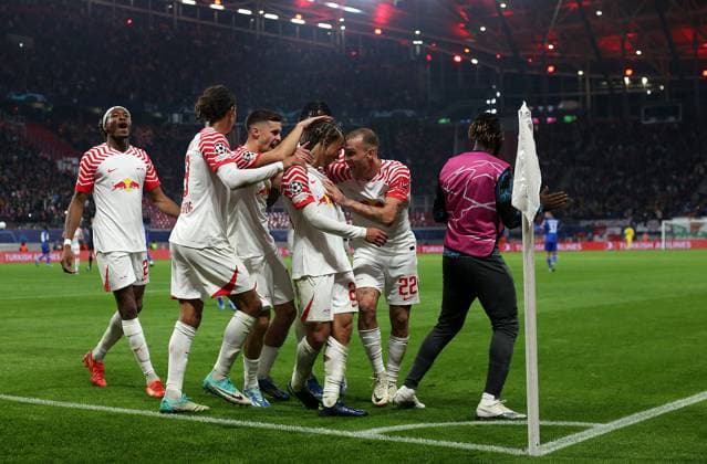 25 10 2023, Football UEFA Champions League 2023 2024, Group G, Matchday 3, RB Leipzig FK Red Star Belgrade, at Red Bull Arena Leipzig cheering RB Leipzig to score 2 0, scorer Xavi Simons RB Leipzig DFL and DFB regulations prohibit any use of photographs as image sequences and or quasi video