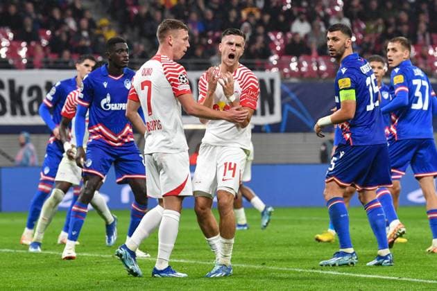 Football, Men, Season 2023 2024, UEFA Champions League Group G, Matchday 3 , RB Leipzig FK Red Star Belgrade, f l Dani Olmo RB Leipzig and Christoph Baumgartner RB Leipzig , 25 10 2023, Copyright: xSebastianxRäppold MatthiasxKochx