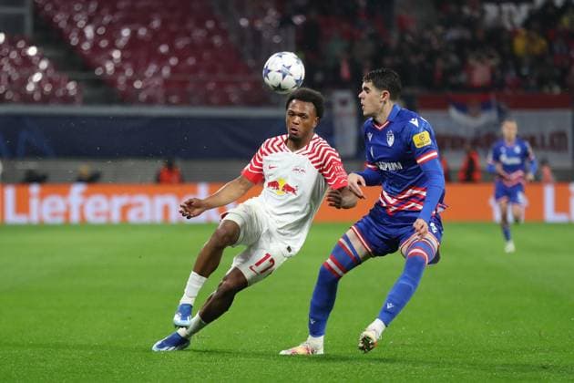 Champions League RB Leipzig vs Red Star Belgrade, 25 10 23 Lois Openda 17, RB Leipzig vs Kosta Nedeljkovic 2, Red Star Belgrade football, UEFA Champions League, season 2023 2024 RB Leipzig vs Red Star Belgrade on 25 10 23 at the Red Bull Arena, Leipzig Copyright: xBEAUTIFULxSPORTS JanxKaeferx