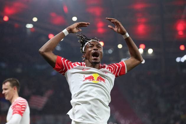 Champions League RB Leipzig vs Red Star Belgrade, 25 10 23 Mohamed Simakan 2, RB Leipzig cheers football, UEFA Champions League, season 2023 2024 RB Leipzig vs Red Star Belgrade on 25 10 23 at the Red Bull Arena, Leipzig Copyright: xBEAUTIFULxSPORTS JanxKaeferx