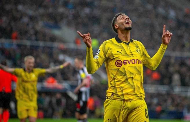 25th October 2023; St James Park, Newcastle, England; UEFA Champions League Football, Newcastle United versus Borussia Dortmund; Felix Nmecha of Borussia Dortmund celebrates after he scored to make it 1-0 to Borussia Dortmund in the 45th minute  ActionPlus12569077 VagelisxGeorgariou