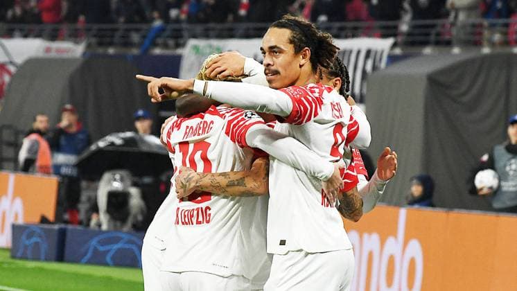 Soccer UEFA Champions League, 2023 2024 season, Group stage, Group G, Matchday 3, RB Leipzig vs Red Star Belgrade Sportsko drustvo Crvena zvezda 3 1 1 0 25 10 2023 Goalscorer David Raum Left back RB Leipzig, back number 22, 22 center, covered scores the 1 0 during the match RB Leipzig vs Red Star Belgrade Sportsko drustvo Crvena zvezda 25 10 2023 and cheers with Castello Lukeba center back RB Leipzig, Back number 23, 23 , Emil Forsberg Left wing RB Leipzig, back number 10, 10 , Xaver Schlager Central midfield RB Leipzig, back number 24, 24 , Xavi Simons Offensive midfield RB Leipzig, back number 20, 20 , Yussuf Poulsen Center back RB Leipzig, back number 9, 9 v l n r Leipzig Sachsen Deutschland Red Bull Arena