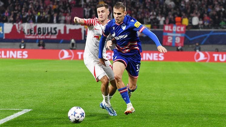 Soccer UEFA Champions League, 2023 2024 season, Group stage, Group G, Matchday 3, RB Leipzig vs Red Star Belgrade Sportsko drustvo Crvena zvezda 3 1 1 0 25 10 2023 Duel for the ball between Christoph Baumgartner Attacking midfield RB Leipzig, back number 14, 14 left and Vladimir Lucic Left wing Belgrade, back number 37 right during the match RB Leipzig vs Red Star Belgrade Sportsko drustvo Crvena zvezda 25 10 2023 Leipzig Saxony Germany Red Bull Arena