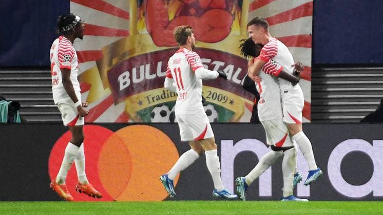 Soccer UEFA Champions League, 2023 2024 season, Group stage, Group G, Matchday 3, RB Leipzig vs Red Star Belgrade Sportsko drustvo Crvena zvezda 3 1 1 0 25 10 2023 goalscorer Dani Olmo Attacking midfield RB Leipzig, back number 7, 7 re the goal to 3 1 in the match RB Leipzig vs Red Star Belgrade Sportsko drustvo Crvena zvezda 25 10 2023 and cheers Castello Lukeba center back RB Leipzig, back number 23, 23 center , Timo Werner center forward RB Leipzig, back number 11, 11 and Mohamed Simakan center back RB Leipzig, back number 2, 2 v r n l cheer with Olmo Leipzig Saxony Germany Red Bull Arena