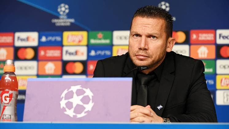 Soccer UEFA Champions League, 2023 2024 season, group stage, group G, matchday 3, RB Leipzig vs Red Star Belgrade Sportsko drustvo Crvena zvezda 3 1 1 0 25 10 2023 Barak Bakhar coach Red Star Belgrade at the press conference after the match RB Leipzig vs Red Star Belgrade Sportsko drustvo Crvena zvezda 25 10 2023 Leipzig Saxony Germany Red Bull Arena