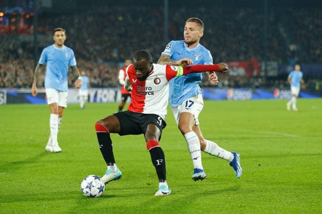 (L-R) Lutsharel Geertruida (Feyenoord), Ciro Immobile (Lazio), OCTOBER 25, 2023 - Football Soccer : UEFA Champions League Group stage Group E match between Feyenoor 3-1 SS Lazio at the Stadion Feijenoord De Kuip in Rotterdam, Netherlands. Noxthirdxpartyxsales  (233660504)