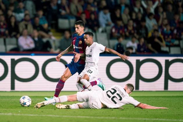 (231026) -- BARCELONA, Oct. 26, 2023 -- Joao Cancelo (L) of Barcelona breaks through during the UEFA Champions League Group H match between FC Barcelona, Barca and Shakhtar Donetsk, in Barcelona, Spain, Oct. 25, 2023. (Photo by Xinhua) (SP)SPAIN-BARCELONA-FOOTBALL-UEFA CHAMPIONS LEAGUE-BARCELONA VS SHAKHTAR DONETSK JoanxGosa 