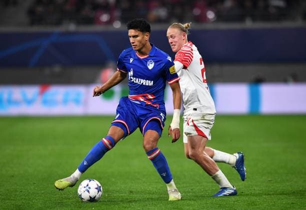Football, Men, Season 2023 2024, UEFA Champions League Group G, Matchday 3 , RB Leipzig FK Red Star Belgrade, v l Marko Stamenic Red Star Belgrade , Xaver Schlager RB Leipzig , 25 10 2023, Copyright: xSebastianxRäppold MatthiasxKochx