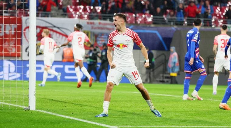 RB Leipzig Red Star Belgrade Champions League Leipzig, 25 10 2023, Red Bull Arena, Football , UEFA Champions League, Group G , Matchday 3, RB Leipzig vs Red Star Belgrade 3 1 1 0 , In picture Goal for RB Leipzig Dani Olmo 7, RB Leipzig scores 3 1 Christoph Baumgartner 14, RB Leipzig celebrates teammates goal , Photo intended for editorial use only , UEFA regulations prohibit any use of photographs as image sequences and or quasi video ,