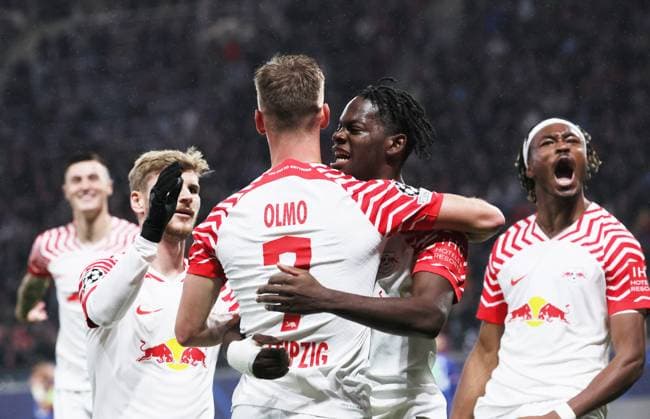 RB Leipzig Red Star Belgrade Champions League Leipzig, 25 10 2023, Red Bull Arena, Champions League, Group G, Matchday 3 , RB LEIPZIG vs RED STAR BELGRAD , Goal for RB Leipzig to 3 1 In the picture goal celebration around scorer Dani Olmo 7, RB Leipzig V l Timo Werner 11, RB Leipzig , Dani Olmo 7, RB Leipzig , Castello Lukeba 23, RB Leipzig and Mohamed Simakan 2, RB Leipzig , Picture Point