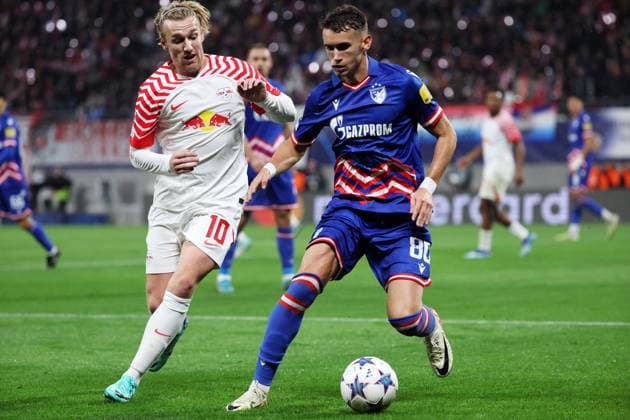 RB Leipzig Red Star Belgrade Champions League Leipzig, 25 10 2023, Red Bull Arena, Champions League, Group G, Matchday 3 , RB LEIPZIG vs RED STAR BELGRAD 3 1 1 0 , Pictured f l Emil Forsberg 10, RB Leipzig and Stefan Mitrovic 80, Belgrade , Picture Point