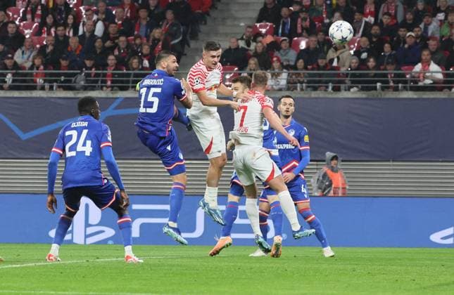 RB Leipzig Red Star Belgrade Champions League Leipzig, 25 10 2023, Red Bull Arena, Champions League, Group G, Matchday 3 , RB LEIPZIG vs RED STAR BELGRAD 3 1 1 0 , Pictured f l Nasser Djiga 24, Belgrade , Aleksandar DragovicÊ 15, Belgrade , Christoph Baumgartner 14, RB Leipzig and Dani Olmo 7, RB Leipzig , Picture Point