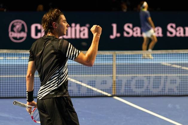 Alexander Shevchenko celebrates a point against Taylor Fritz of the United States during their match on day six of the Swiss Indoors at St. Jakobshalle on October 26, 2023 in Basel, Switzerland (Photo by Camilla Stolen Imago) Basel Switzerland Copyright: xCamillaxStolenx L1540909
