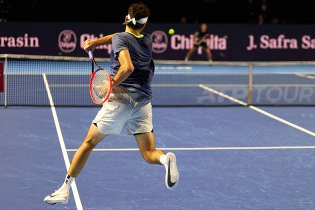 Taylor Fritz of the United States ireturns a forehand to Alexander Shevchenko during their match on day six of the Swiss Indoors at St. Jakobshalle on October 26, 2023 in Basel, Switzerland (Photo by Camilla Stolen Imago) Basel Switzerland Copyright: xCamillaxStolenx L1540970