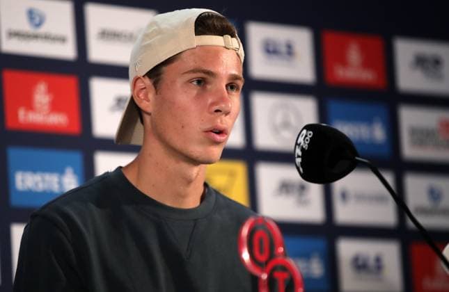 TENNIS - ATP, Tennis Herren Erste Bank Open VIENNA,AUSTRIA,26.OCT.23 - TENNIS - ATP World Tour, Erste Bank Open. Image shows Joel Schwaerzler (AUT). Keywords: press conference, PK, Pressekonferenz  GEPAxpictures xWalterxLuger
