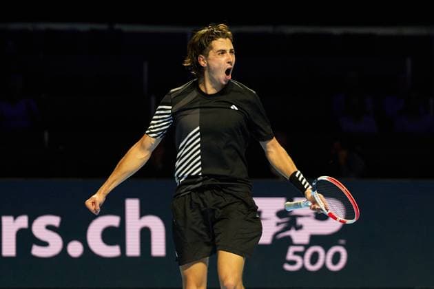 Alexander Shevchenko celebrates saving a match point against Taylor Fritz of the United States during their match on day six of the Swiss Indoors at St. Jakobshalle on October 26, 2023 in Basel, Switzerland (Photo by Camilla Stolen Imago) Basel Switzerland Copyright: xCamillaxStolenx L1550277