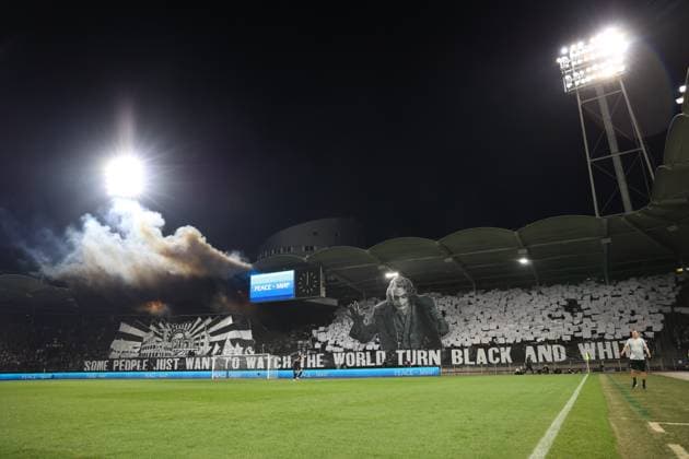 SOCCER - UEFA EL, Sturm vs Atalanta GRAZ,AUSTRIA,26.OCT.23 - SOCCER - UEFA Europa League, SK Sturm Graz vs Atalanta Bergamo Calcio. Image shows choreography of fans (Sturm).  GEPAxpictures xChrisxBauer