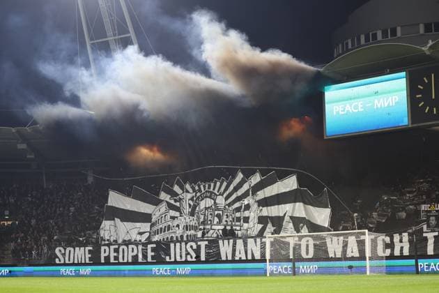 SOCCER - UEFA EL, Sturm vs Atalanta GRAZ,AUSTRIA,26.OCT.23 - SOCCER - UEFA Europa League, SK Sturm Graz vs Atalanta Bergamo Calcio. Image shows choreography of fans (Sturm).  GEPAxpictures xChrisxBauer