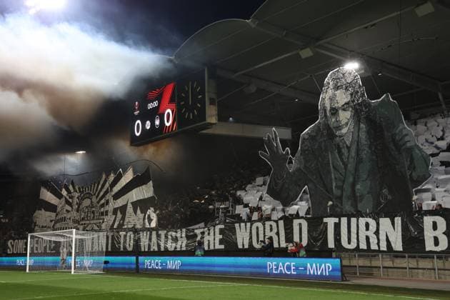 SOCCER - UEFA EL, Sturm vs Atalanta GRAZ,AUSTRIA,26.OCT.23 - SOCCER - UEFA Europa League, SK Sturm Graz vs Atalanta Bergamo Calcio. Image shows choreography of fans (Sturm).  GEPAxpictures xChrisxBauer