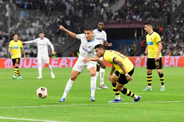 MARSEILLE, FRANCE : Amine HARIT (OM) Olympique de Marseille vs. AEK Athens FC lors de la phase de groupes de l™UEFA Europa League au stade Orange Velodrome, le 26 octobre 2023. MARSEILLE, FRANCE : OM vs. AEK Athens FC during the group phase of the UEFA Europa League in the Orange Velodrome Stadium on October 26th, 2023. FOOTBALL : Olympique de Marseille vs. AEK Athens FC - Europa League ValentinaClaret Panoramic 