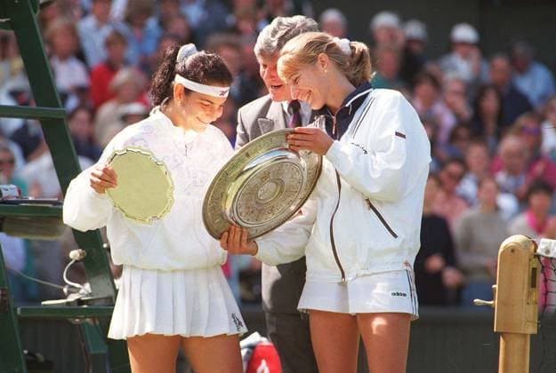 Left: ARANTXA SANCHEZ VICARIO Spanish Tennis Player Right: STEFFI GRAF German Tennis Player (Ladies Final of the 1996 Wimbledon Championships) COMPULSORY CREDIT: UPPA Photoshot Photo UKWT 011734 C-22 06.07.1996 Left: ARANTXA SANCHEZ VICARIO Spanish Tennis Player Right: STEFFI GRAF German Tennis Player (Ladies Final of the 1996 Wimbledon Championships) COMPULSORY CREDIT: Talking Photoshot Photo UKWT 011734 C-22 06.07.1996, Credit:Photoshot Avalon United Kingdom  Copyright: xPhotoshotx xAvalonx 0504194690