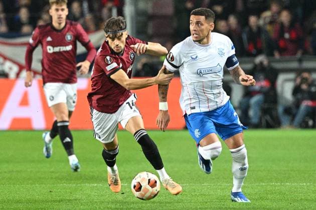 From left Veljko Birmancevic of Sparta and James Tavernier of Glasgow in action during the Sparta Praha vs Glasgow Rangers, third round match of football European League, Group C in Prague, Czech Republic, October 26, 2023. (CTKxPhoto MichalxKamaryt) CTKPhotoP2023102607977  CTKPhotoP2023102607977