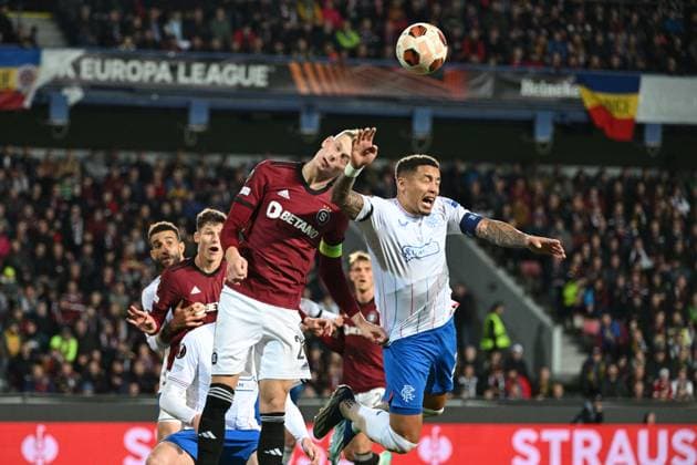 From left Filip Panak of Sparta and James Tavernier of Glasgow Rangers in action during the Sparta Praha vs Glasgow Rangers, third round match of football European League, Group C in Prague, Czech Republic, October 26, 2023. (CTKxPhoto MichalxKamaryt) CTKPhotoP2023102608600  CTKPhotoP2023102608600