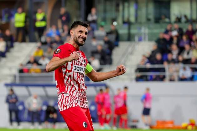 Serbia, Backa Topola, 26 10 2023, , TSC Backa Topola SC Freiburg UEFA Europa League 2023 2024 Group A, Vincenzo Grifo SC Freiburg celebrates after scoring his team s third goal Backa Topola  eu-images-084
