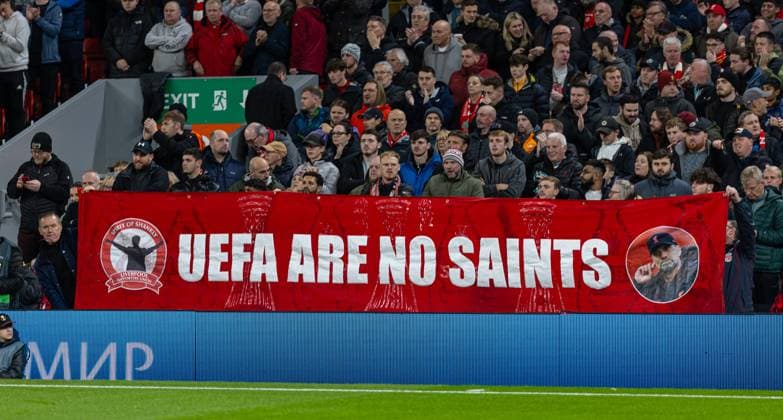 Football - UEFA Europa League - Group E - Liverpool FC v Toulouse FC LIVERPOOL, ENGLAND - Thursday, October 26, 2023: Liverpool supporters banner UEFA are no saints during the UEFA Europa League Group E matchday 3 game between Liverpool FC and Toulouse FC at Anfield. (Photo by David Rawcliffe Propaganda) LIVERPOOL Anfield MERSEYSIDE ENGLAND  Copyright: xDavidxRawcliffex P2023-10-26-Liverpool_Toulouse-19