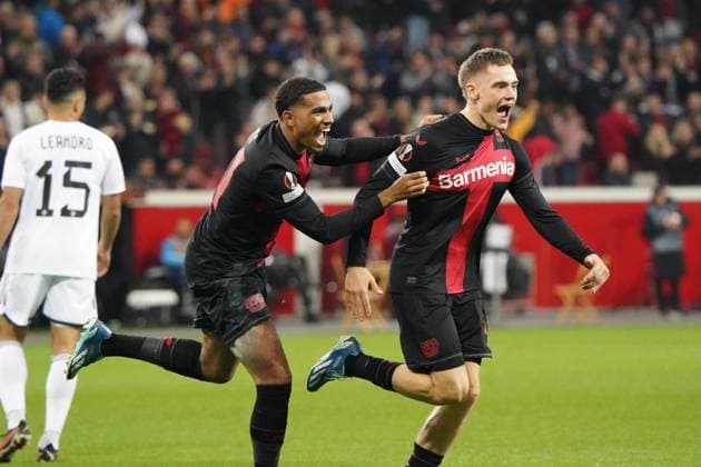 Football, UEFA Europa League 2023 2024, Group Stage , Group H, Matchday 3, Bayer 04 Leverkusen FK FK Qarabag AgdamQarabag Agdam 26 10 2023, Bayarena Leverkusen, Amine Adli Florian Wirtz both Bayer 04 Leverkusen,Goal celebrations.
